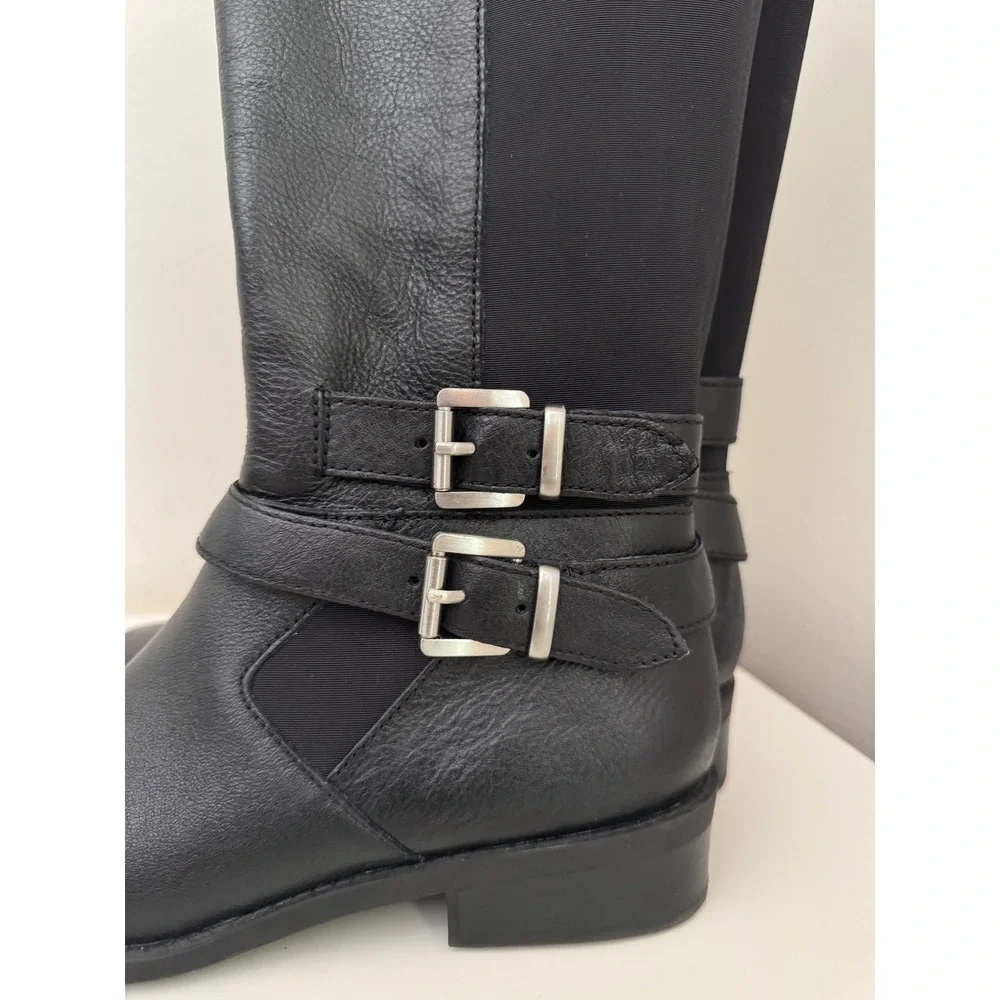 Me Too Denver Black Leather Tall Equestrian Western Buckle Boots Womens 7.5M